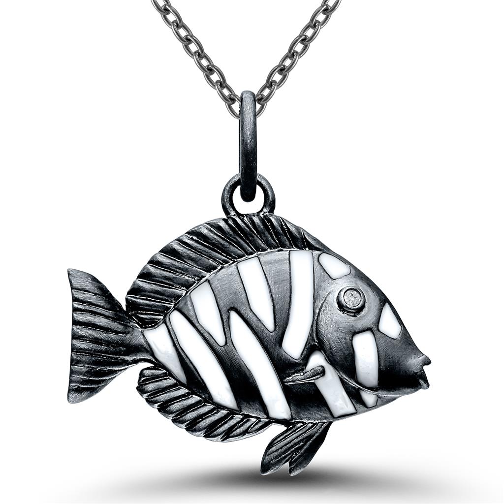 Sterling Silver & Black Rhodium Plated Black Diamond Fish Necklace