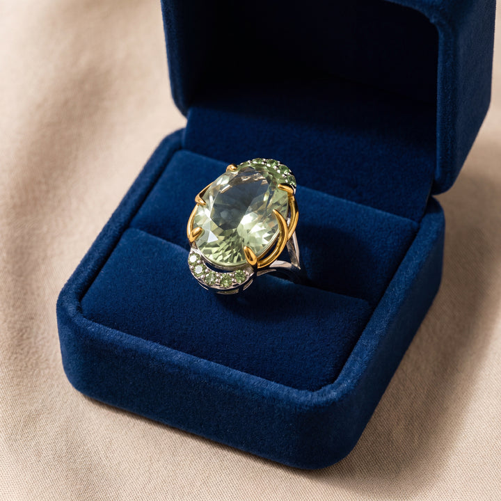 Estate Sterling Silver & 18K Gold Plated Fantasy Cut Prasiolite & Green Sapphire Ring