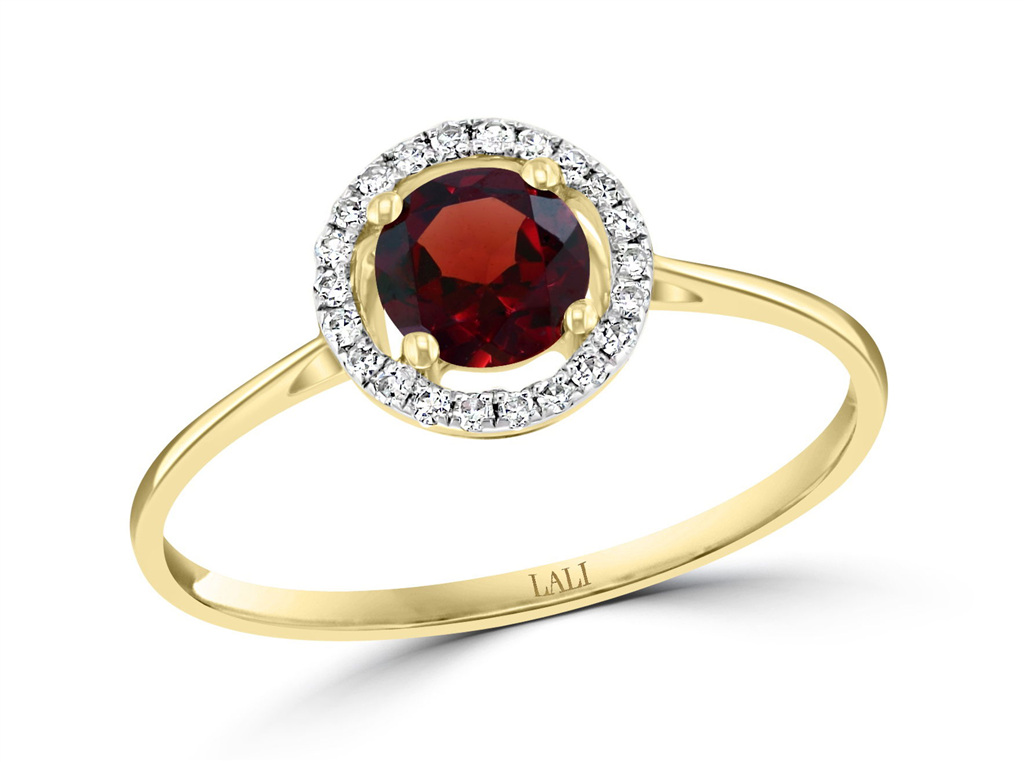 14K Yellow Gold 0.66ctw Round Garnet & Diamond Halo Ring