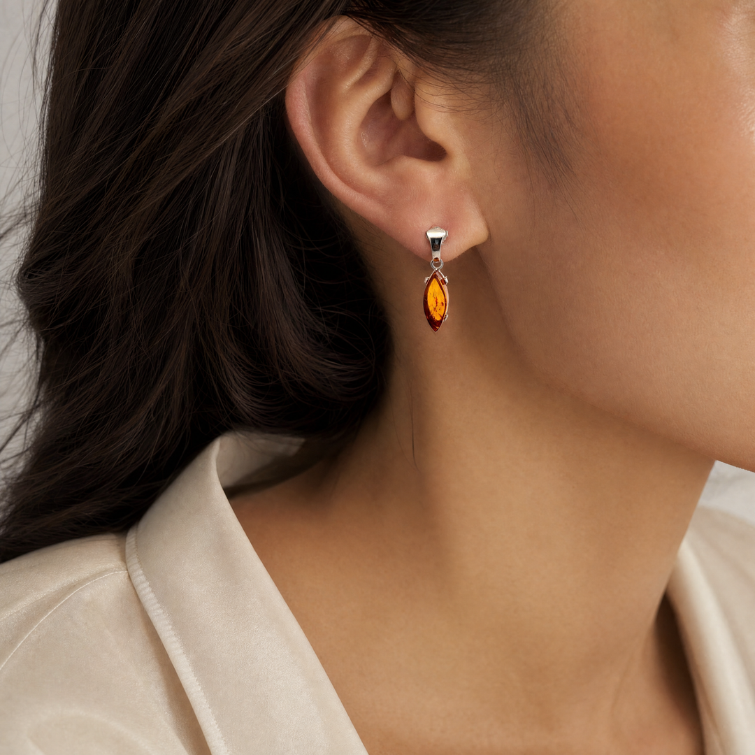 Estate Sterling Silver Marquise Amber Drop Earrings