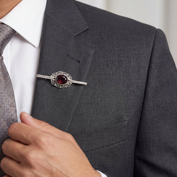 Estate Sterling Silver Oval Garnet Filigree Pin