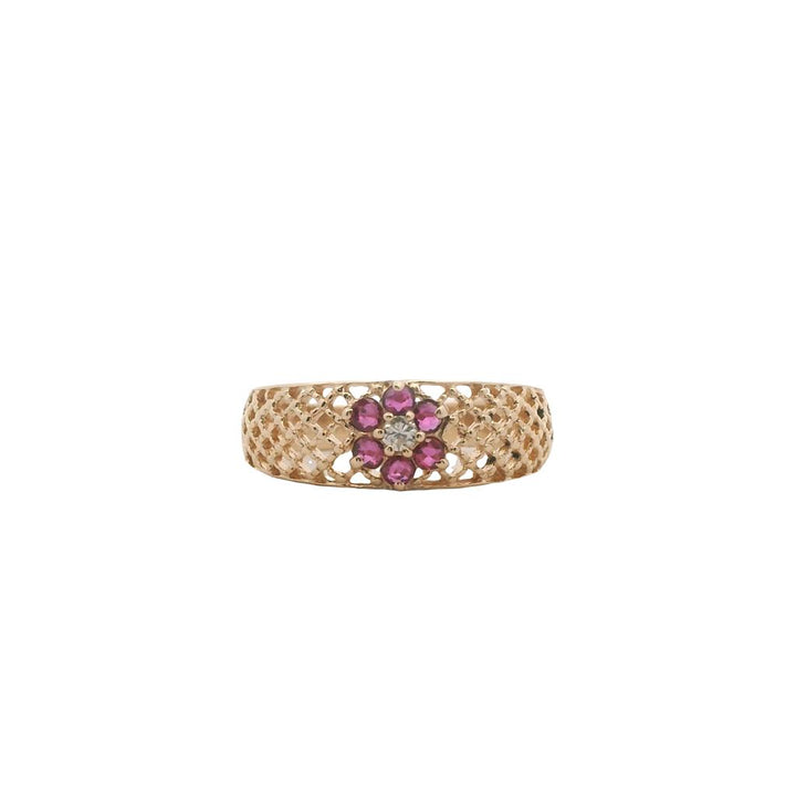 Estate 14K Yellow Gold 0.79ctw Ruby & Diamond Flower Ring