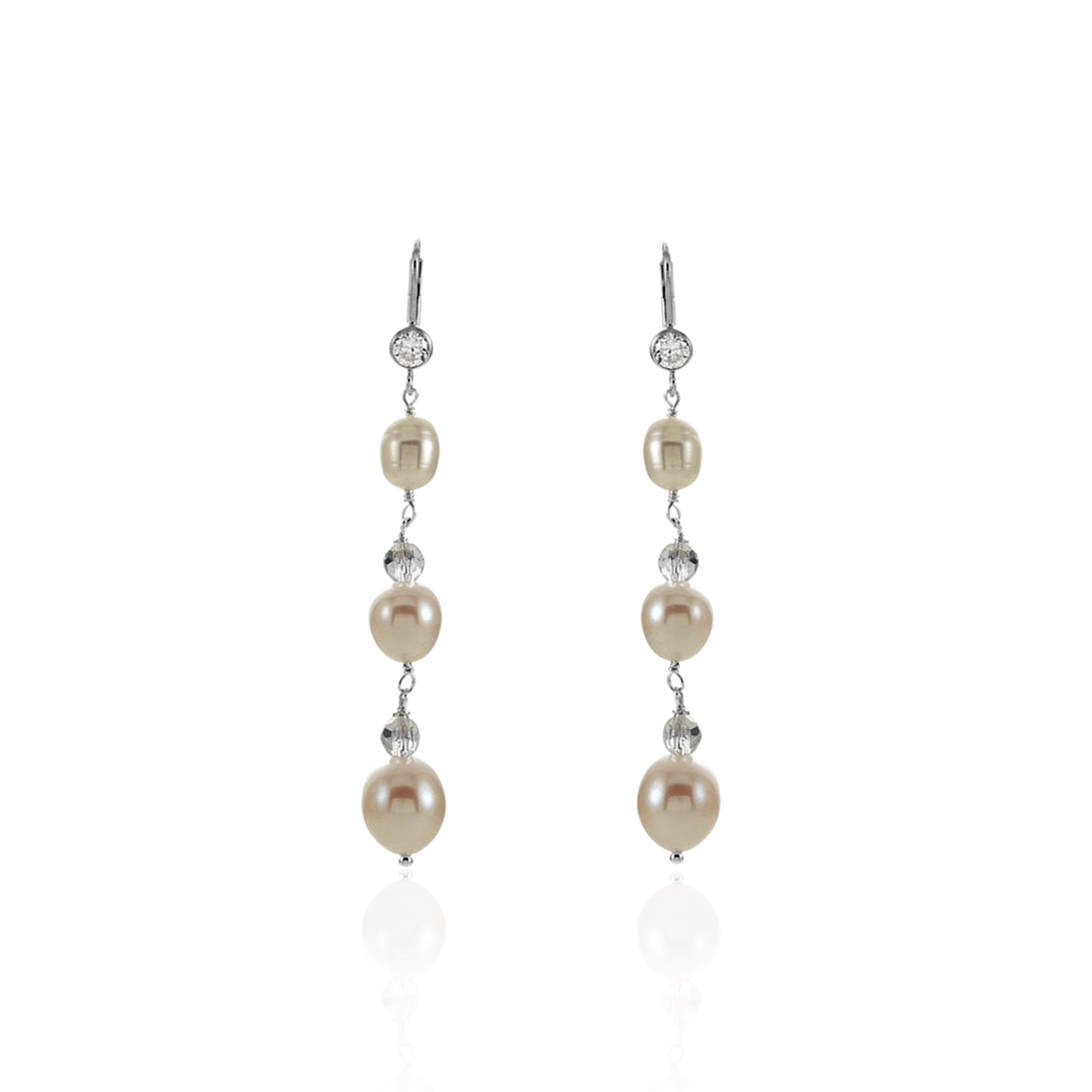 Sterling Silver Cultured Freshwater Pearl & Cubic Zirconia Line Drop Earrings