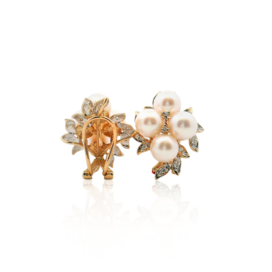 Estate 14K Yellow Gold 7.25-7.5MM Akoya Pearl & Diamond Cluster Stud Earrings