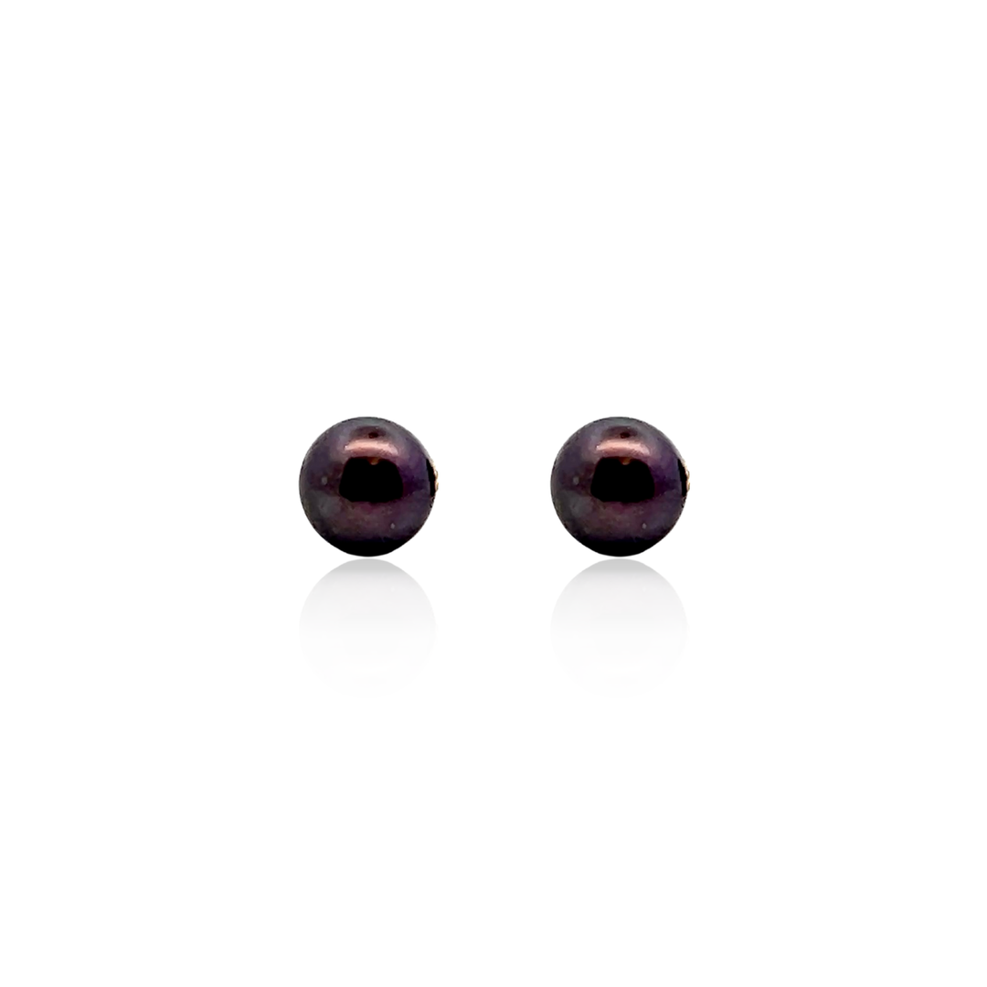Estate 14K Yellow Gold 8MM Black Freshwater Button Pearl Stud Earrings