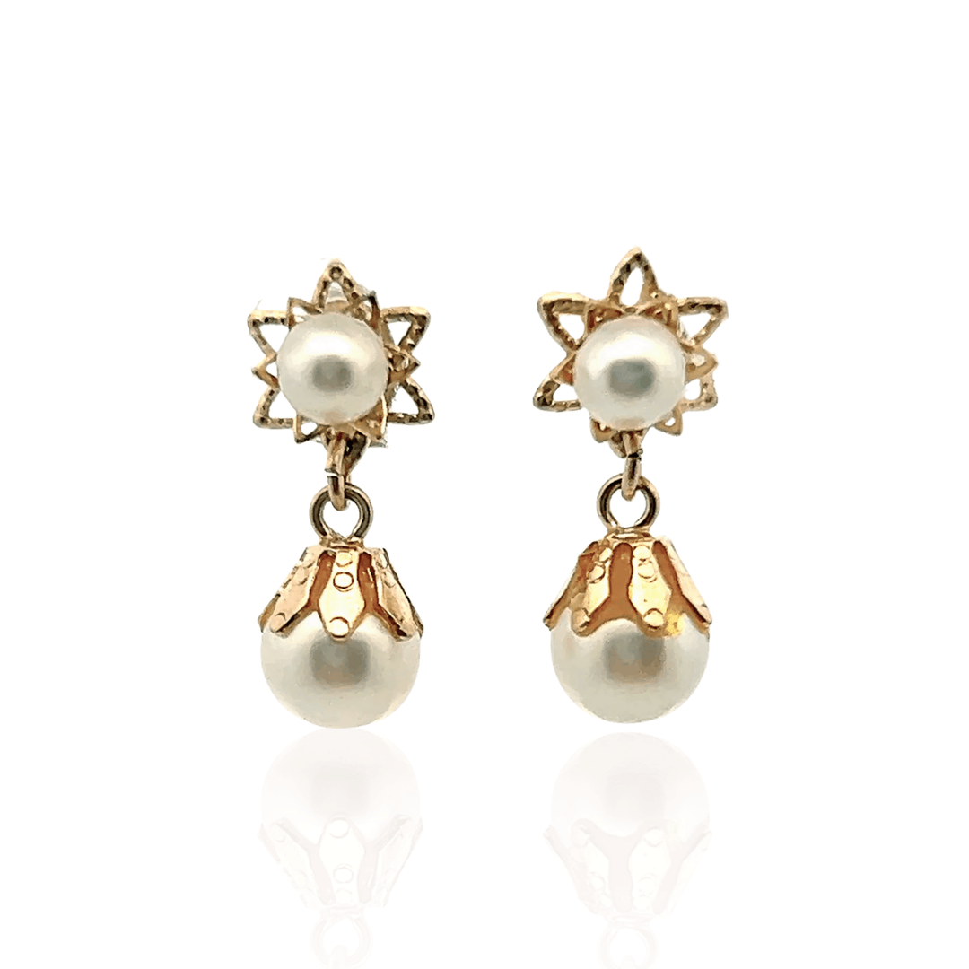 Estate 14K Yellow Gold Cultured Pearl Vintage Drop Earrings