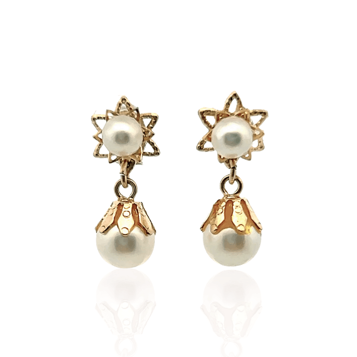 Estate 14K Yellow Gold Cultured Pearl Vintage Drop Earrings