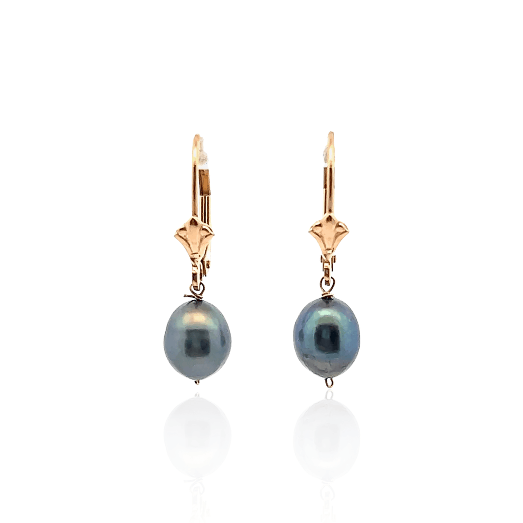 Estate 14K Yellow Gold Grey Cultured Pearl Drop Earrings
