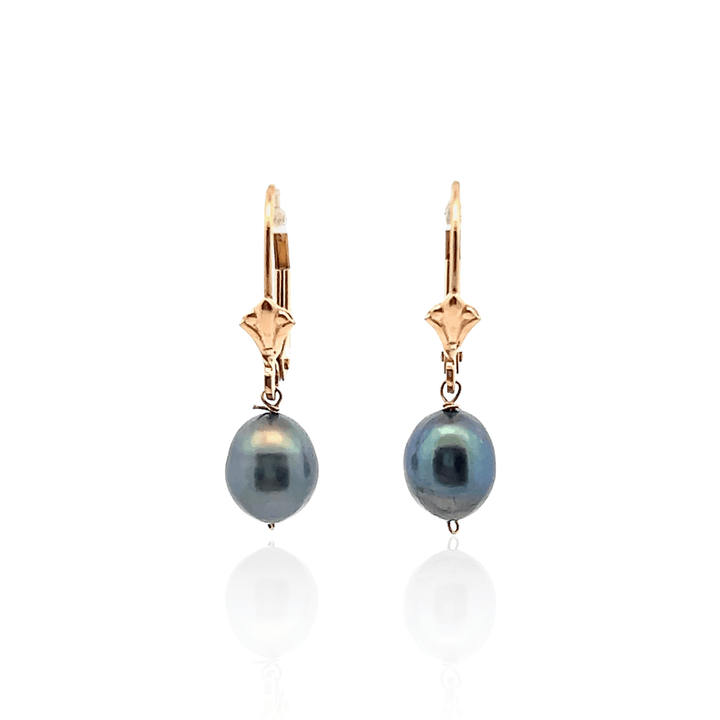 Estate 14K Yellow Gold Grey Cultured Pearl Drop Earrings