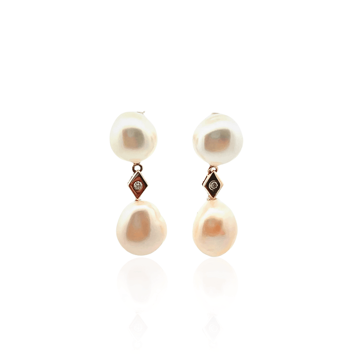 Estate 14K Yellow Gold Double Cultured Pearl & Diamond Drop Earrings