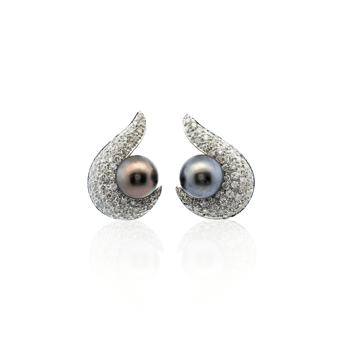 Estate 18K White Gold 9MM Black Pearl & Diamond Cluster Stud Earrings