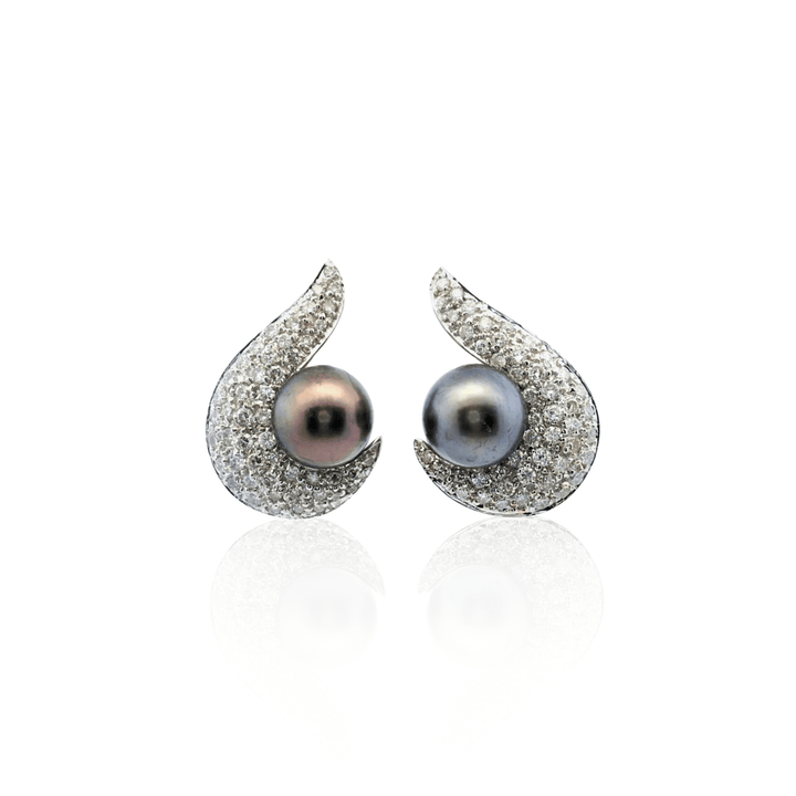 Estate 18K White Gold 9MM Black Pearl & Diamond Cluster Stud Earrings