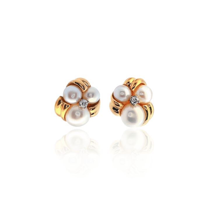 Estate 14K Yellow Gold Pearl & Diamond Cluster Stud Earrings