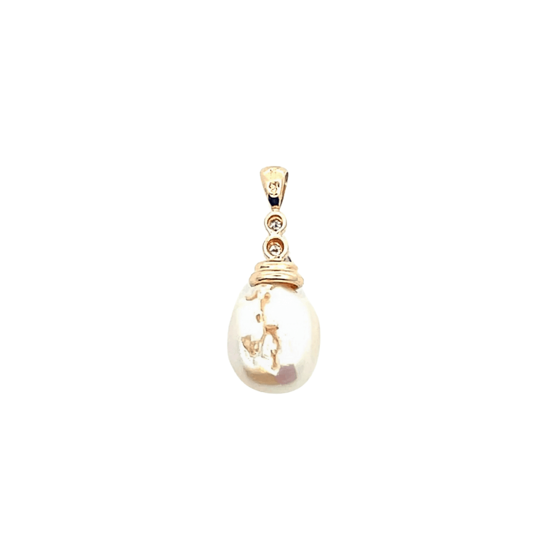 Estate 14K Yellow Gold Semi-Baroque Cultured Pearl & Diamond Pendant