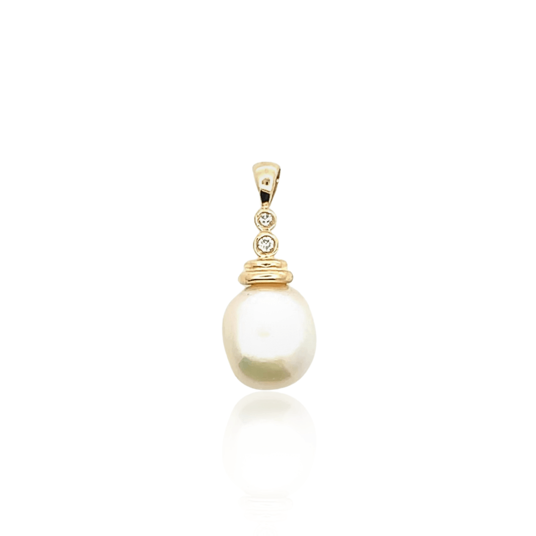 Estate 14K Yellow Gold Semi-Baroque Cultured Pearl & Diamond Pendant