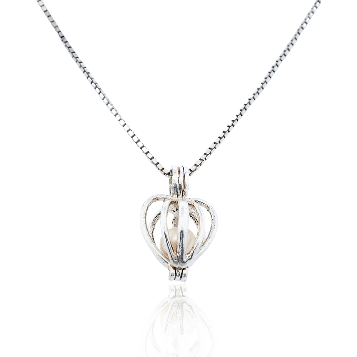Estate Sterling Silver Round Pearl Heart Cage Pendant Necklace