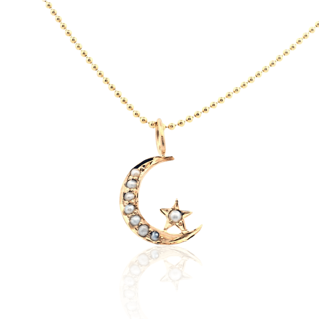Estate 14K Yellow Gold Antique Edwardian Crescent Moon & Star Seed Pearl Pendant