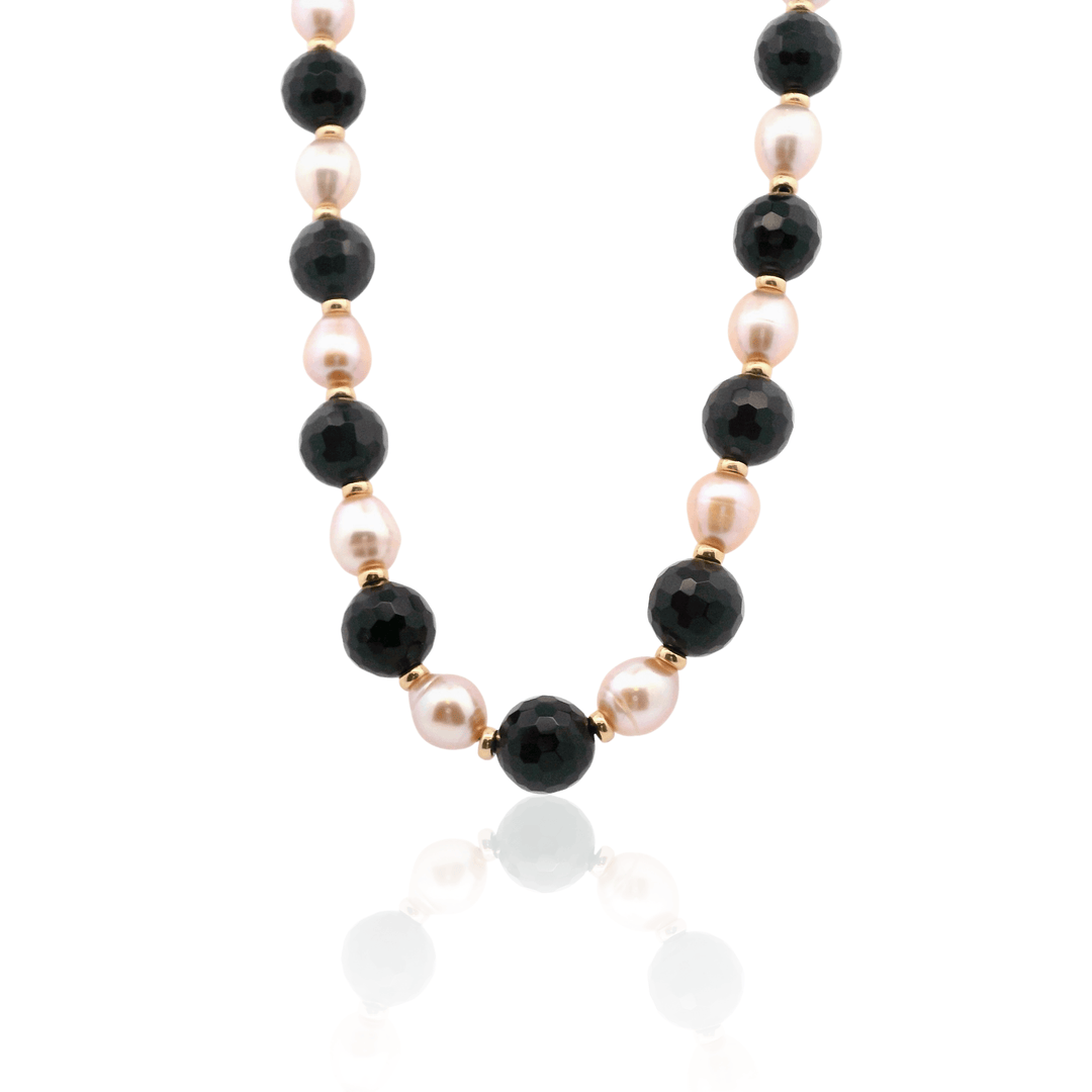 Estate 14K Yellow Gold Blush Pearl & Black Onyx Bead Necklace