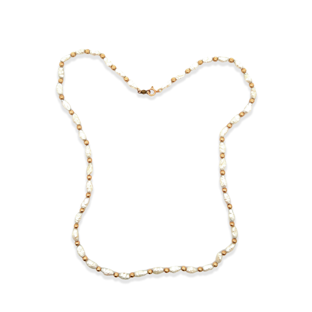 Estate 14K Yellow Gold Bead and Natural Rice Pearl Necklace