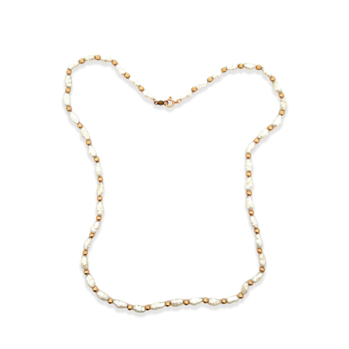 Estate 14K Yellow Gold Bead and Natural Rice Pearl Necklace