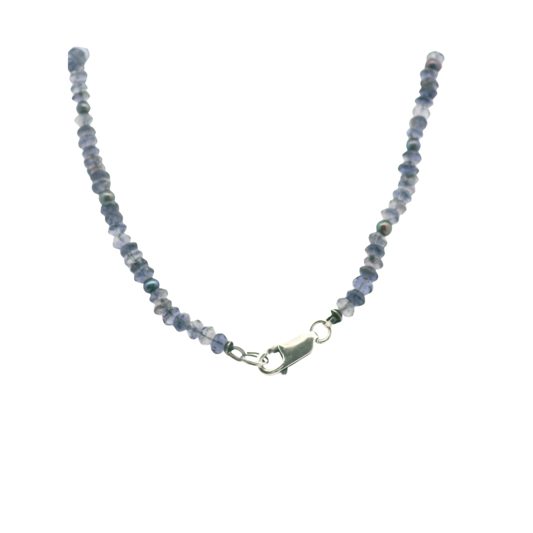 Estate Sterling Silver Iolite Bead & Freshwater Pearl Drop Necklace