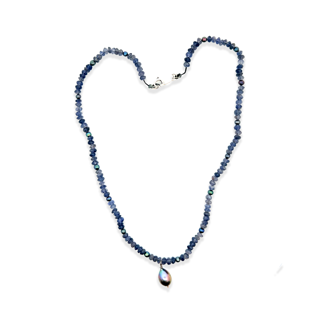 Estate Sterling Silver Iolite Bead & Freshwater Pearl Drop Necklace