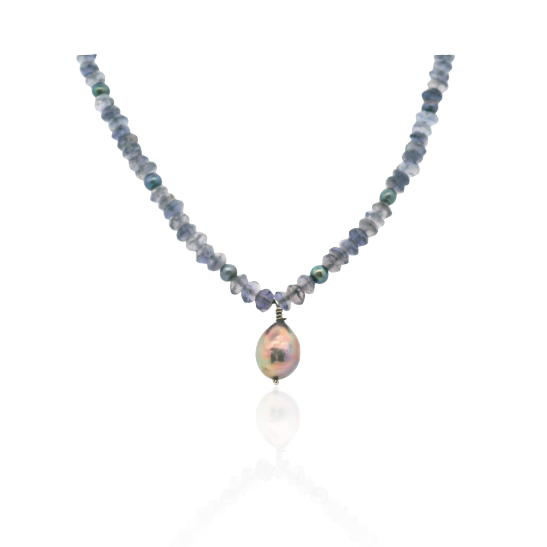 Estate Sterling Silver Iolite Bead & Freshwater Pearl Drop Necklace