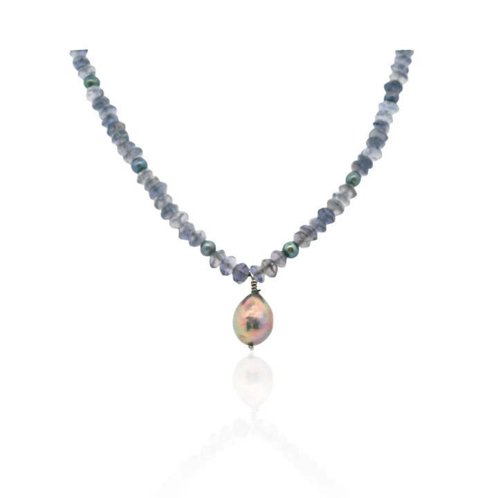 Estate Sterling Silver Iolite Bead & Freshwater Pearl Drop Necklace