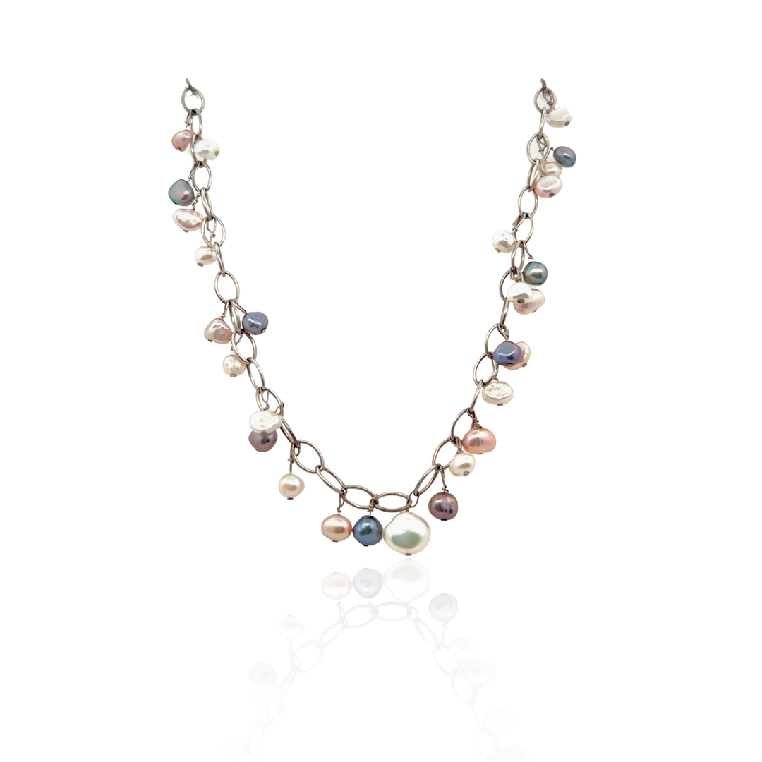 Estate Sterling Silver Multi-Color Baroque Pearl Fringe Necklace