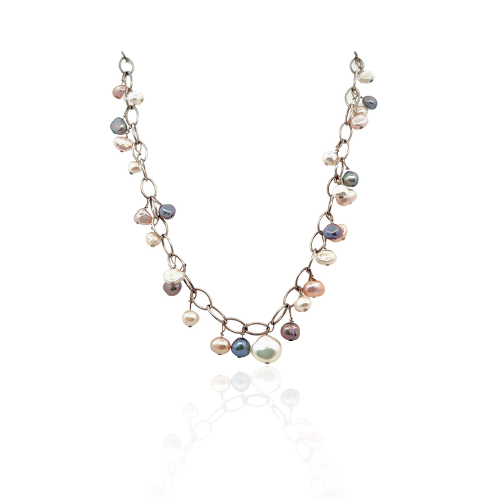 Estate Sterling Silver Multi-Color Baroque Pearl Fringe Necklace