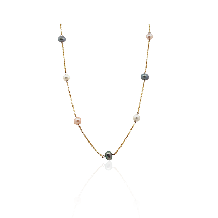 Estate 14K Yellow Gold Multi-Color Cultured Pearl Tin Cup Necklace