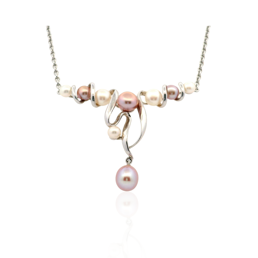 Estate Sterling Silver Multi-Color Pearl Ribbon Necklace