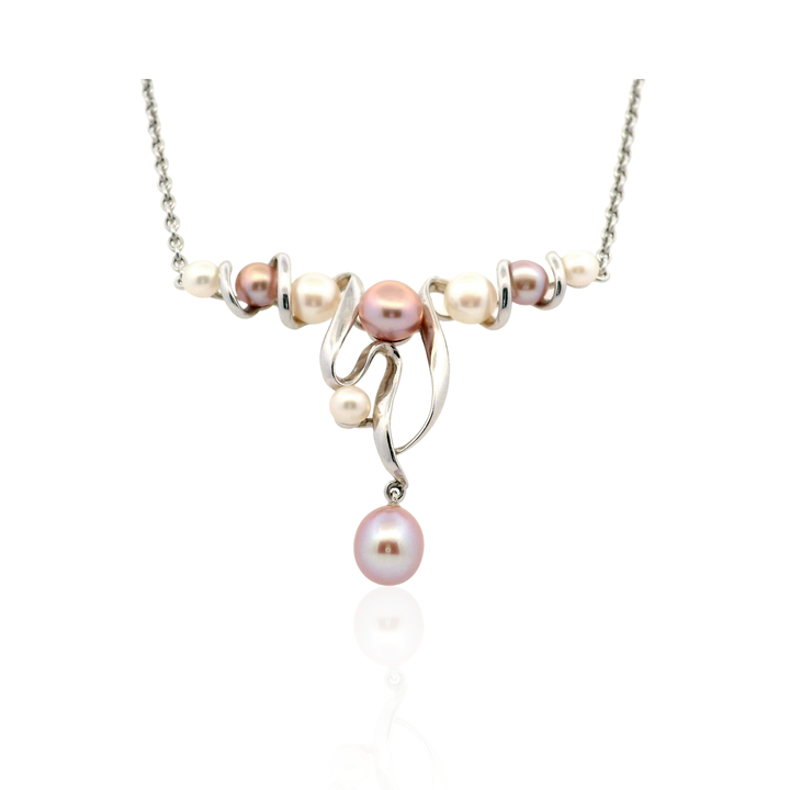 Estate Sterling Silver Multi-Color Pearl Ribbon Necklace
