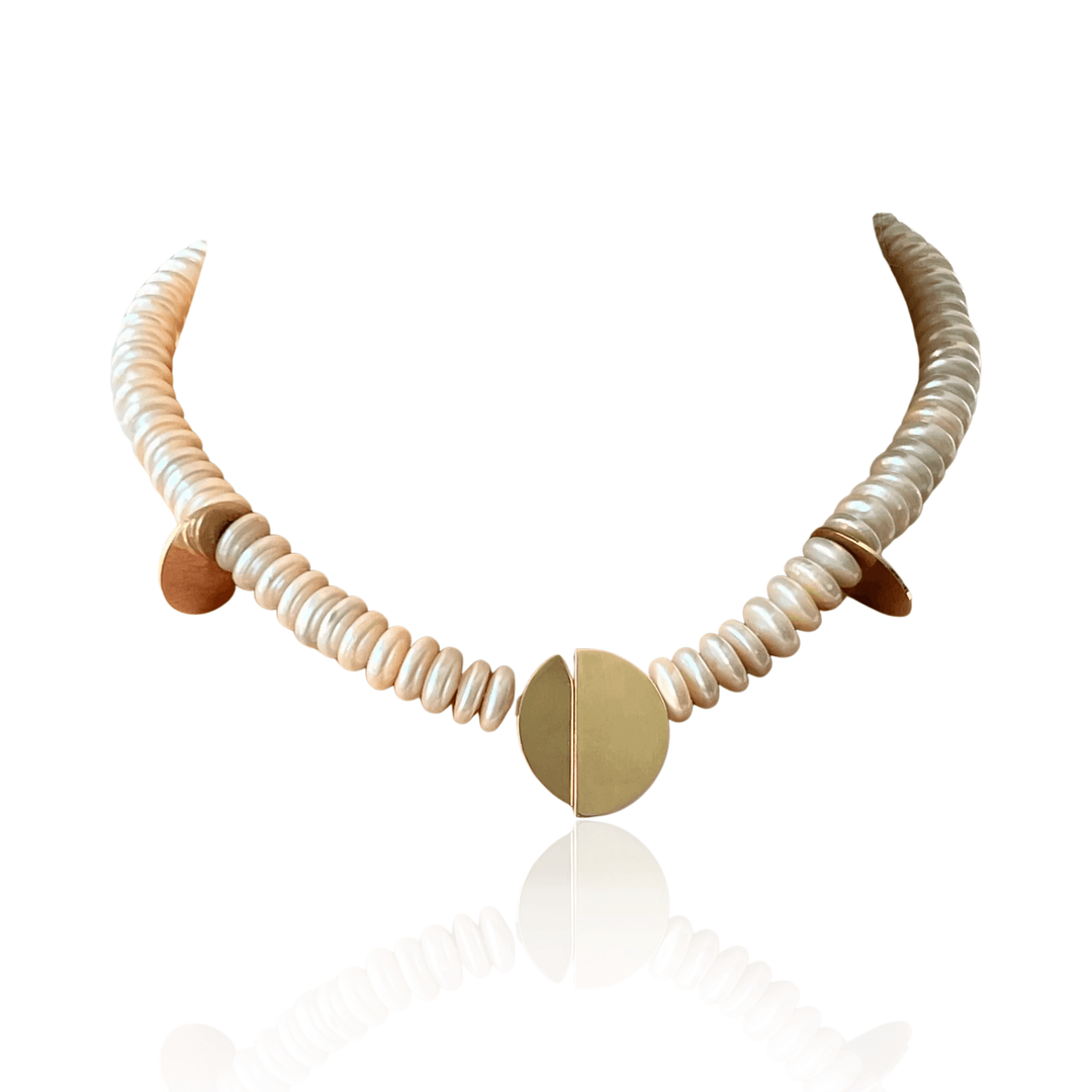 Estate Mid-Century Modern Betty Cooke 14K Yellow Gold Coin Pearl Necklace
