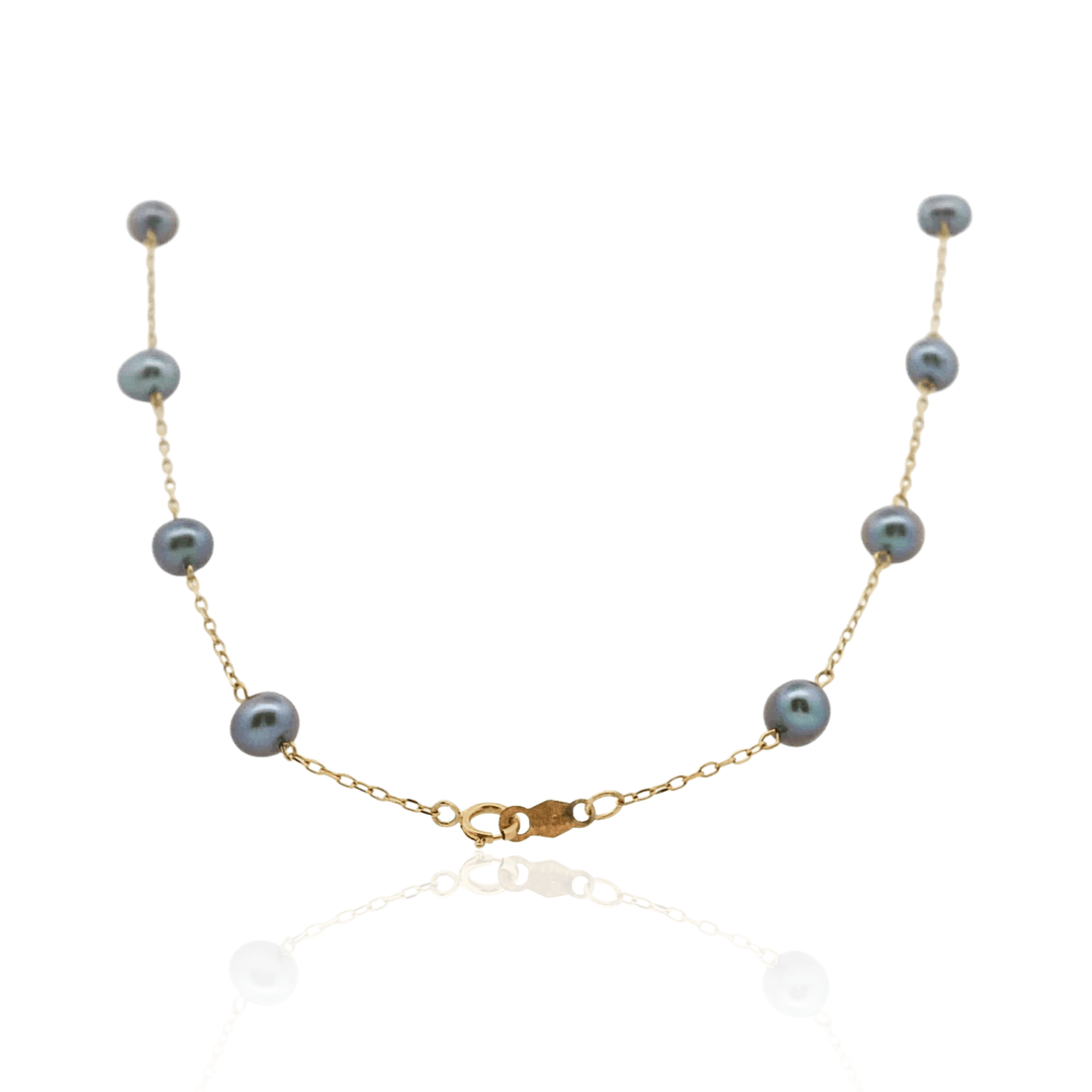 Estate 10K Yellow Gold 5.5-6.5MM Grey Pearl Station Necklace