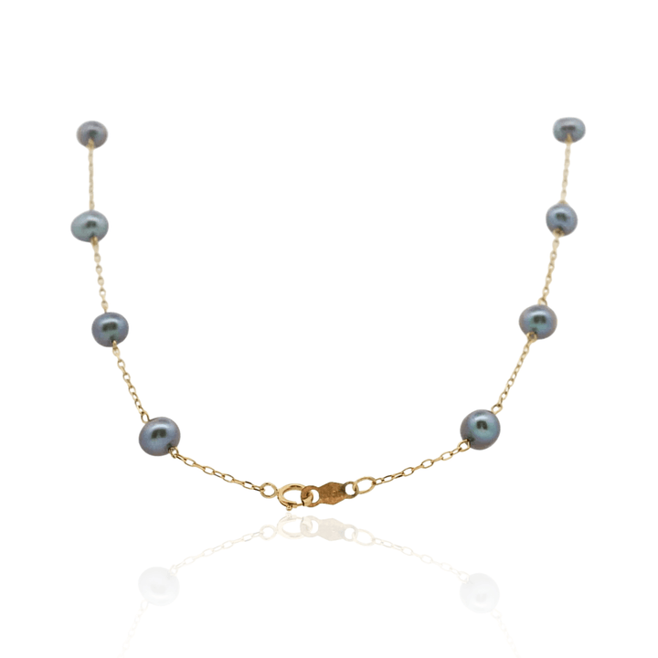 Estate 10K Yellow Gold 5.5-6.5MM Grey Pearl Station Necklace