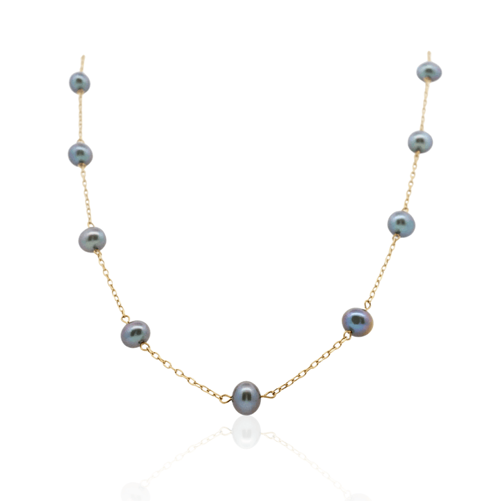 Estate 10K Yellow Gold 5.5-6.5MM Grey Pearl Station Necklace