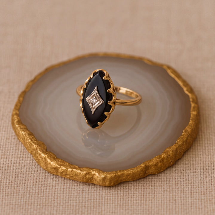 Estate 10KT Yellow Gold Marquise Black Onyx & Diamond Ring, ca. 1960's