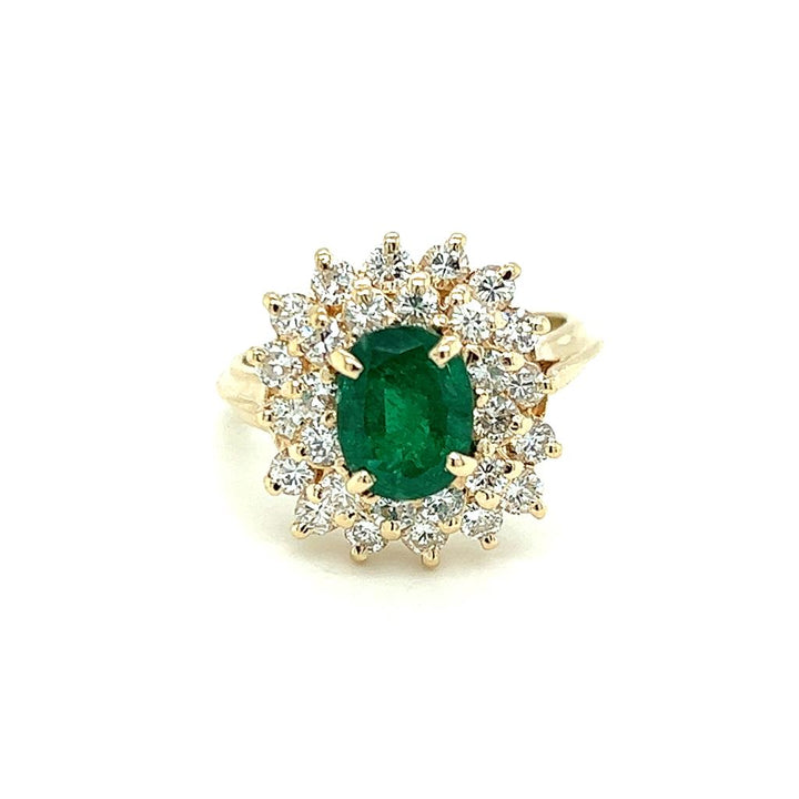 Estate 14K Yellow Gold 3.43ctw Oval Emerald & Diamond Double Halo Ring