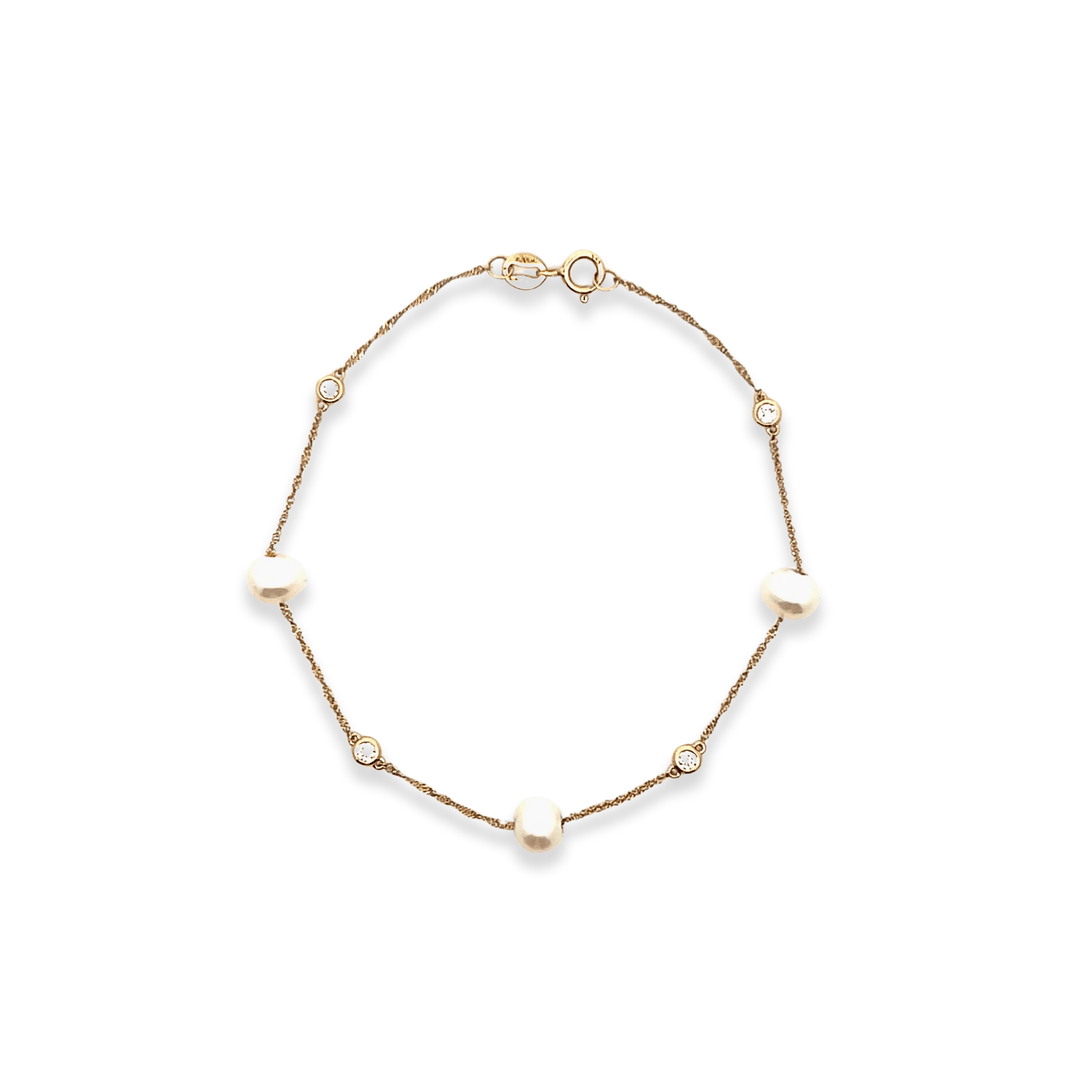 Estate 14K Yellow Gold 0.22CTW Diamond & Pearl Station Bracelet by Effy