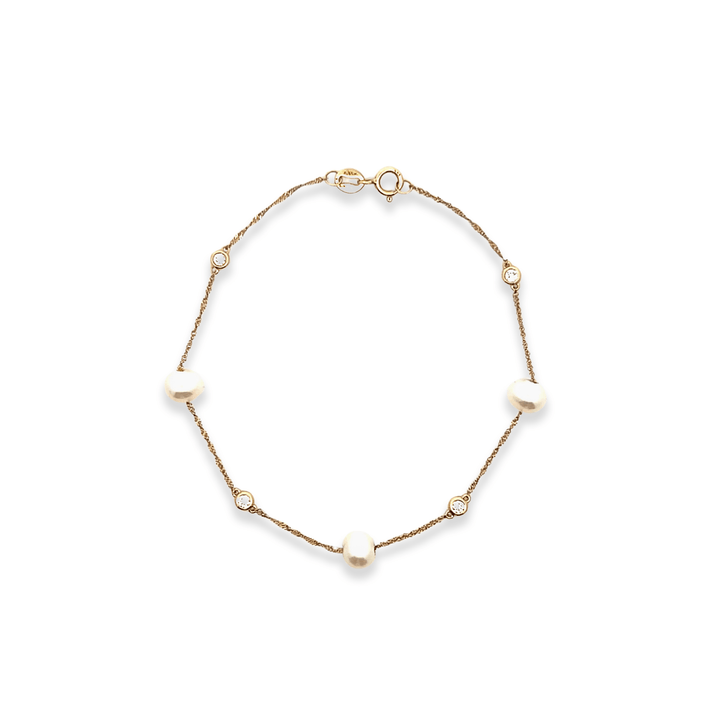 Estate 14K Yellow Gold 0.22CTW Diamond & Pearl Station Bracelet by Effy