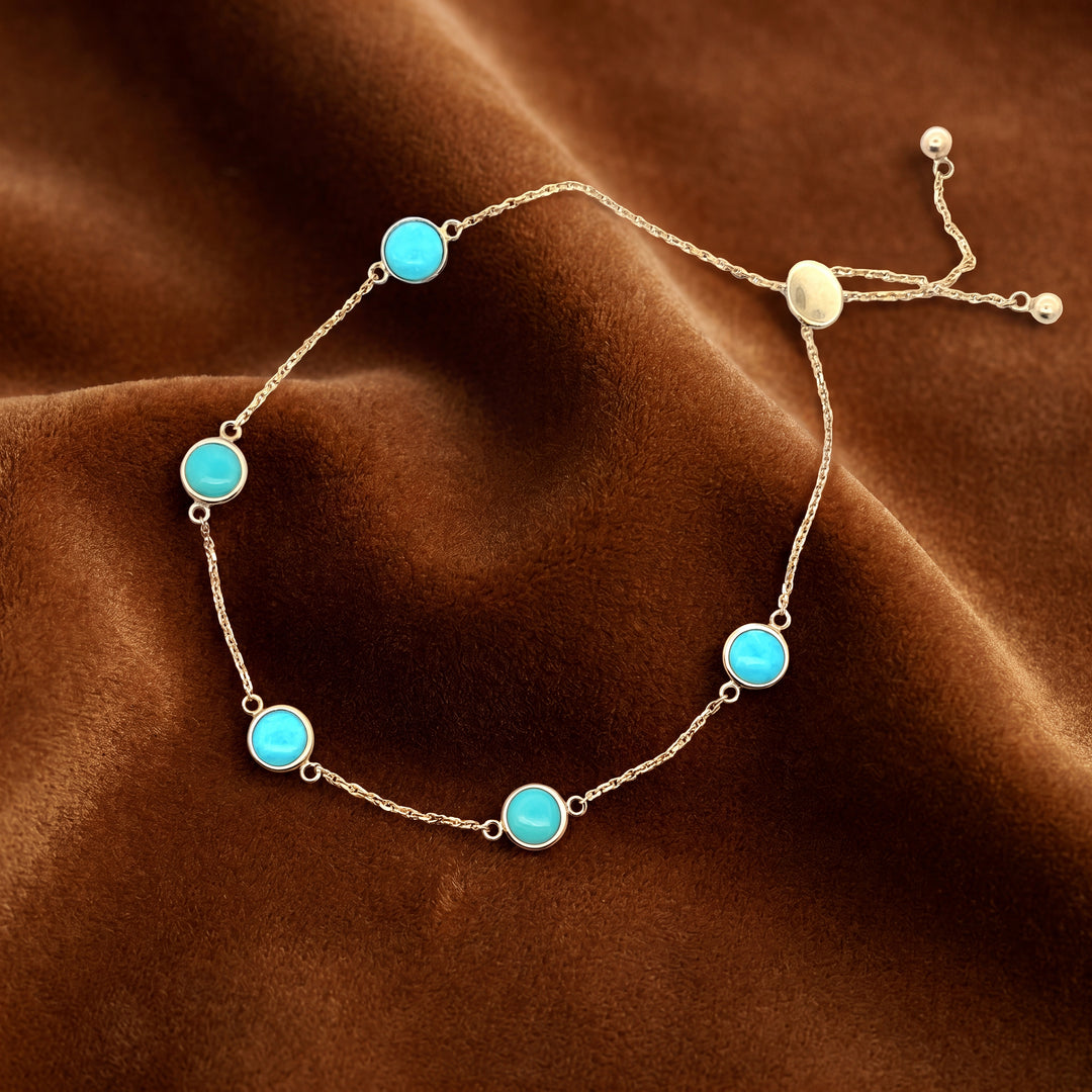 Estate Effy 14K Yellow Gold Double Cabochon Turquoise Station Bolo Bracelet