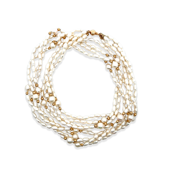 Estate 14K Yellow Gold Bead & Freshwater Pearl Four-Strand Necklace