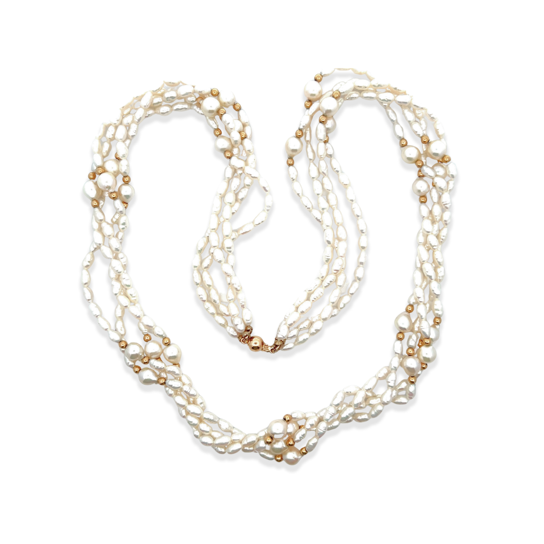 Estate 14K Yellow Gold Bead & Freshwater Pearl Four-Strand Necklace