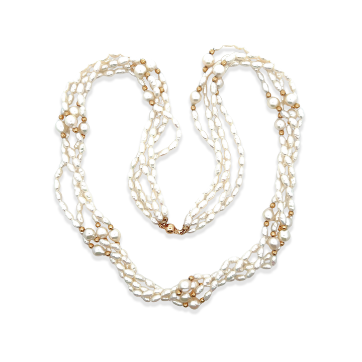 Estate 14K Yellow Gold Bead & Freshwater Pearl Four-Strand Necklace