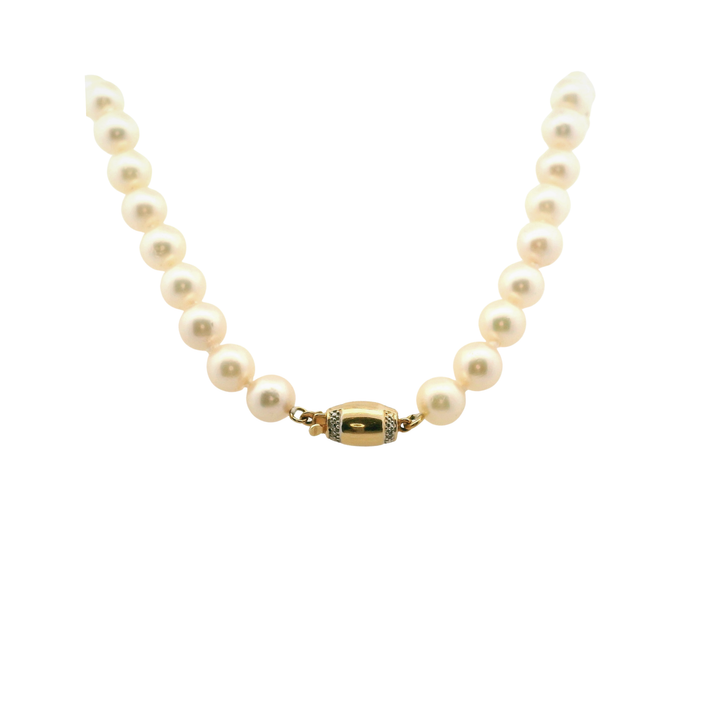 Estate 14K Yellow Gold Cultured Pearl Strand Necklace with Diamonds in Clasp