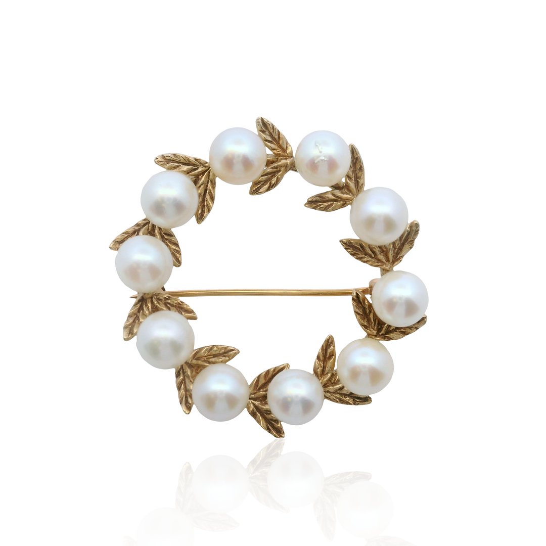 Estate 14K Yellow Gold 5.45MM Pearl Wreath Brooch