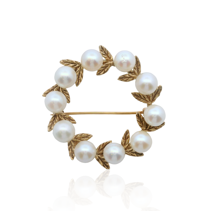 Estate 14K Yellow Gold 5.45MM Pearl Wreath Brooch
