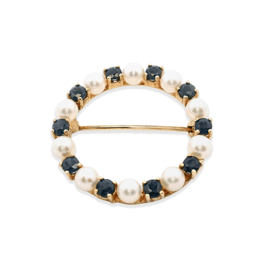 Estate 14K Yellow Gold Blue Sapphire and Pearl Vintage Circle Brooch
