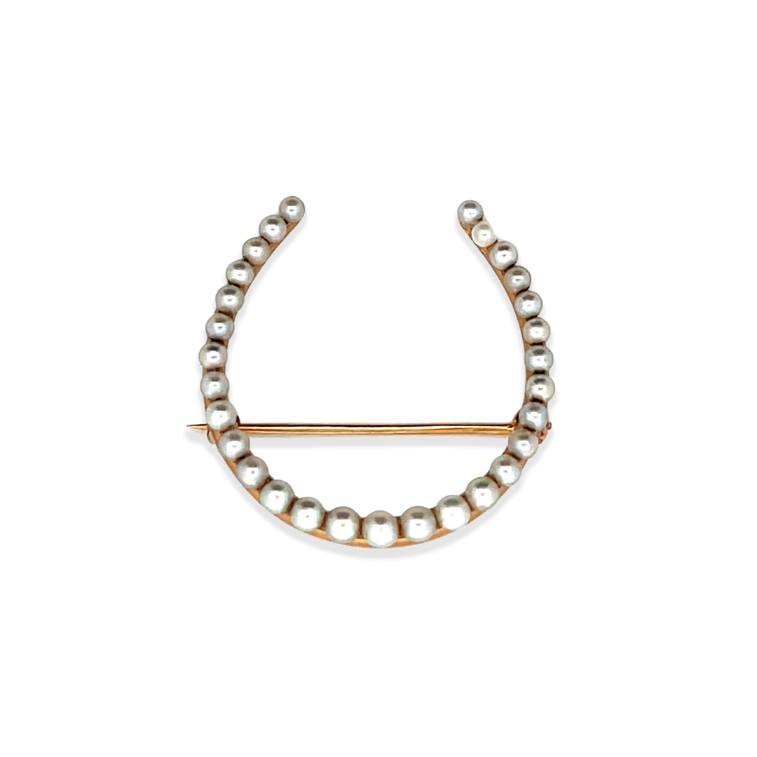 Estate 14K Yellow Gold Natural Seed Pearl Edwardian Horseshoe Brooch